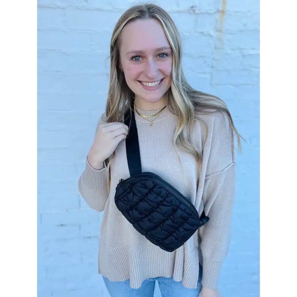 Quilted Belt Sling Crossbody Bag Black